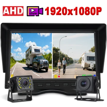 10.1" 2CH AHD DVR Monitor 1080P Vehicles Dual Backup ReverseCamera with Recording 12/24V for Truck RV Bus Front/Rear Lorry 1