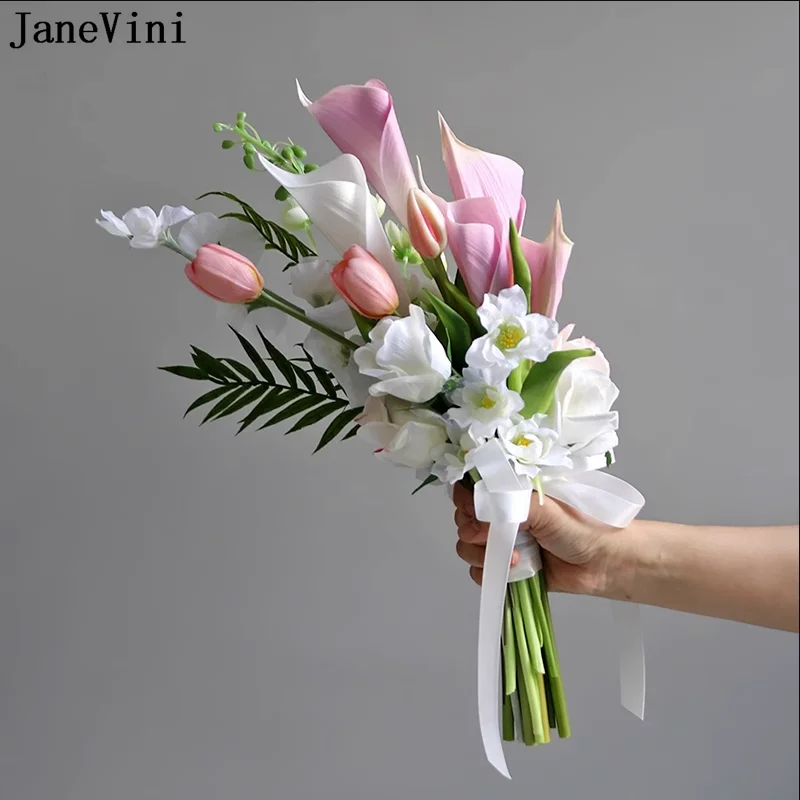 JaneVini White Calla Lily Bridal Flowers Bouquets Wedding Accessories Handmade Silk Bride Flower Bouquet