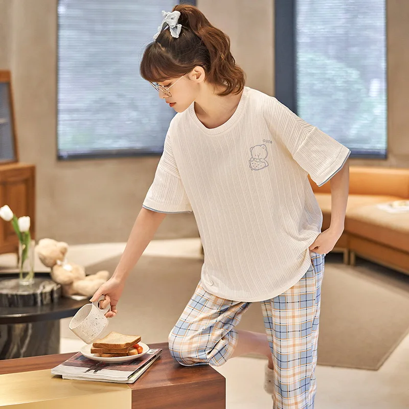 Summer Cotton Homewear Women's Short Pajamas Set Calf Pant Sleep Tops Sleepwear Female Girl Nightwear pijamas feminino Freeship