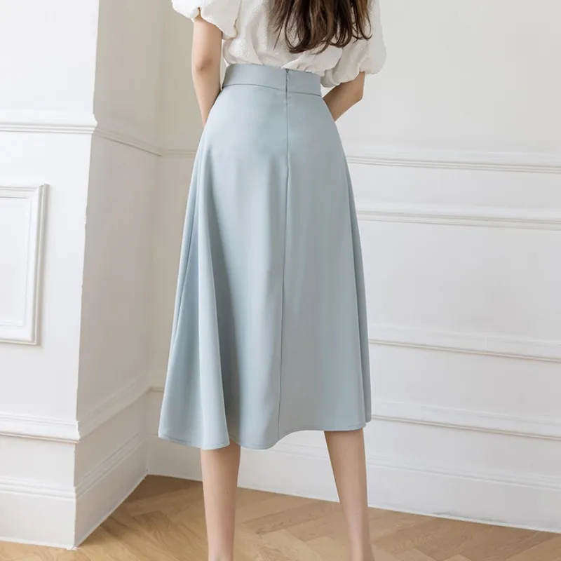 여성용 하이 웨이스트 스위트 미디 카프 스커트, 단색 스커트, 빈티지 롱 패션, 2023 카와이 여름 여성 스커트