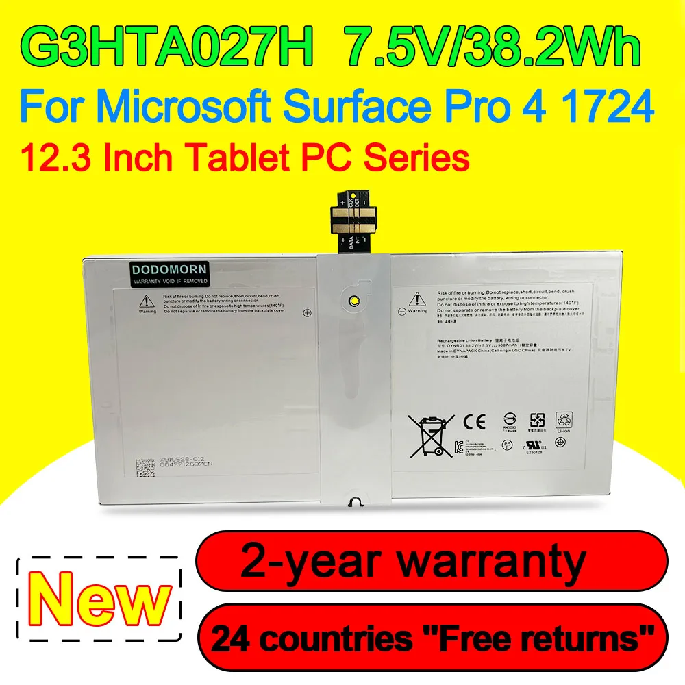 

New Laptop Battery For Microsoft Surface Pro 4 1724 12.3" Tablet PC Series DYNR01 G3HTA027H 7.5V 38.2Wh 5087mAh Rechargeable
