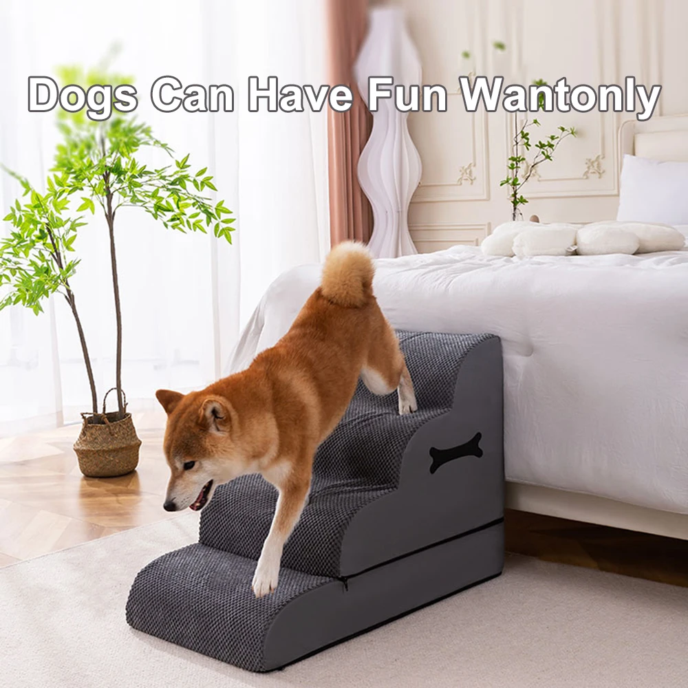 4-Tiers Dog Stairs Non-Slip Dog Ladders Ramp for High Bed and Couch Zipper Detachable Changeable Pet Stairs for Small Dogs