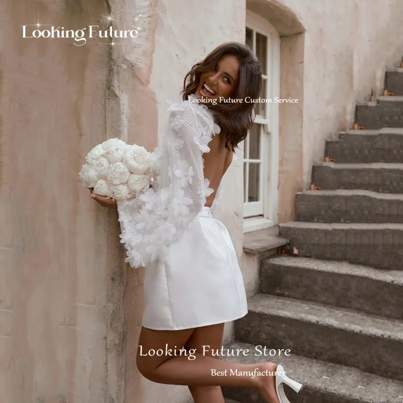 Boho Mini 2 Piece Wedding Dress Sexy Open Back O-Neck Bride Dress Beach Long Sleeves Pleat 3D Flower Lace Satin Gowns Customized 12 Sf29d7c2b48bb43fdbfe15f88f3e89ab0C