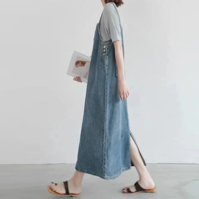 

Preppy Style Pregnancy Denim Dress Plus Size Summer Maternity Clothes Long Loose Back Split Pregnant Woman Vintage Dress Pocket