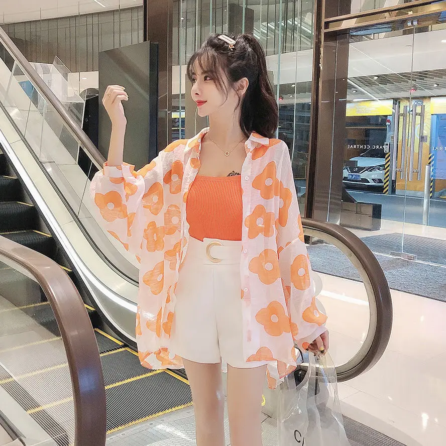 

Women's 2023 New Summer Fashion Korean Elegant Sleeveless Shirt + Print Coat + High Waist Short Pants 3 Piece Set Tops X51