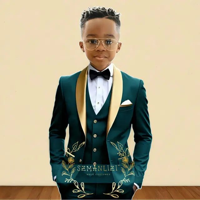 Costume 3 pièces vert huile pour garçons, smoking de mariage pour enfants, veste, pantalon, gilet, châle doré, revers, tenue personnalisée pour enfants de 2 à 16 ans 1