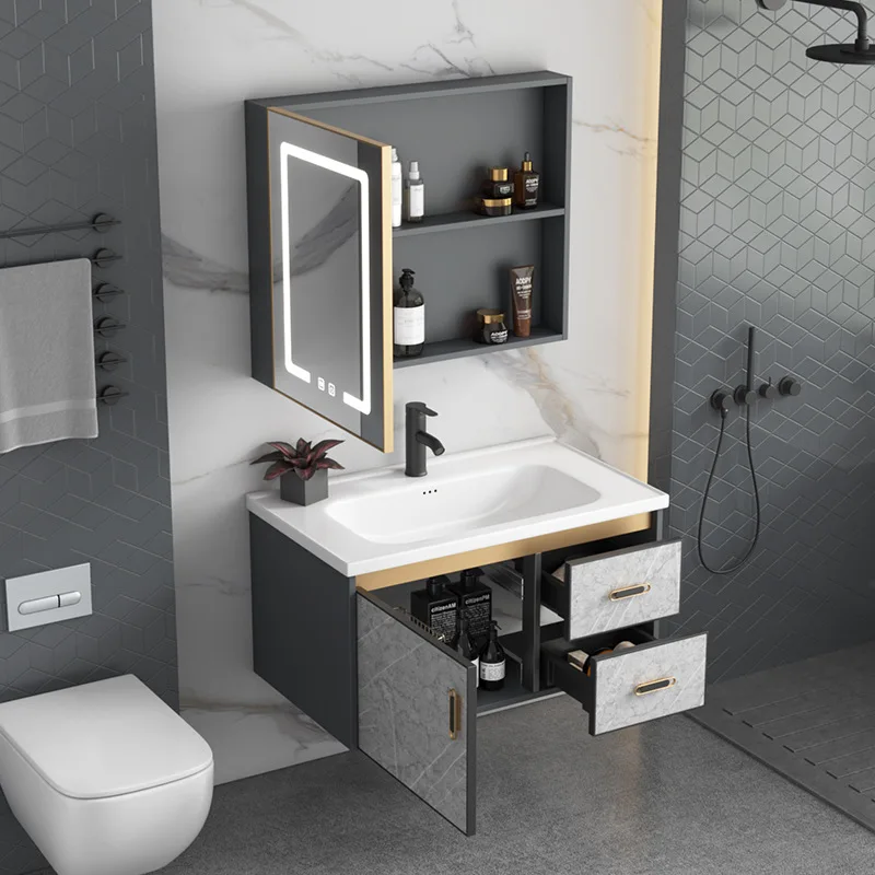 Dark gray stone pattern aluminum alloy bathroom cabinet combination bathroom ceramic integrated basin wall-mounted washbasin was