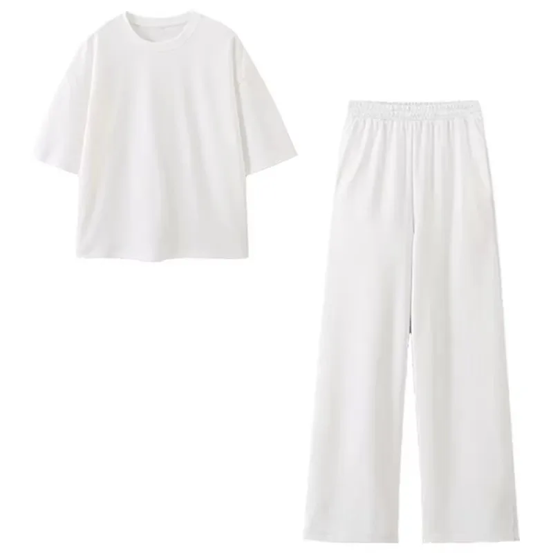 HH Women Fashion Basics Solid shirt Pant Sets Short Sleeve O Neck T-Shirts Elastic Waist Side Hem Zipper Trousers Suit