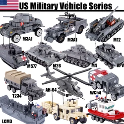 WW2 US Main Battle Tank M26 M12 Armored Car Military Medical Vehicle Speedboat War Scene Trunk Carrier Bricks Toys Boys Gift