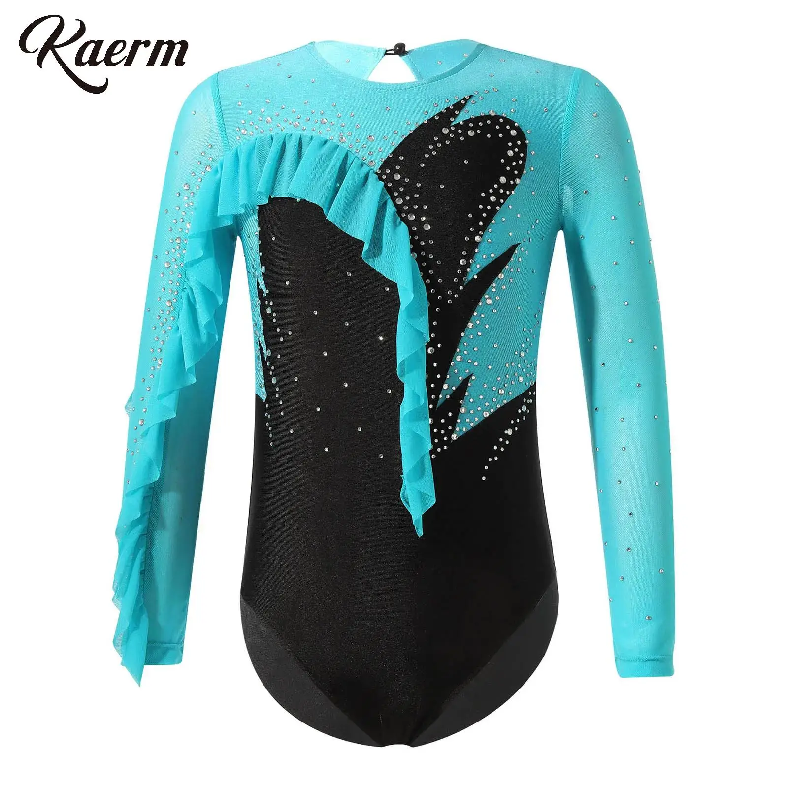 

Kids Girls Long Sleeve Ballerina Performance Bodysuit Shiny Rhinestone Ruffle Edge Hollow Back Gymnastics Ballet Dance Leotard