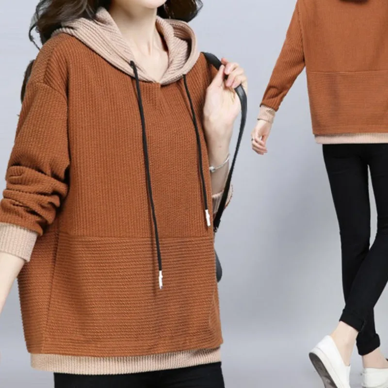 Women's Clothing Autumn Winter Thickened New Large Fashion Contrast Hoodie Pullover Solid Color Loose Versatile Elegant Tops
