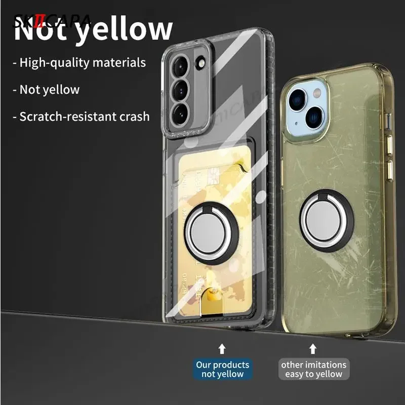 Transparent Card Slot Wallet Holder Silicone Case with Magnetic Ring Stand and Soft Cover