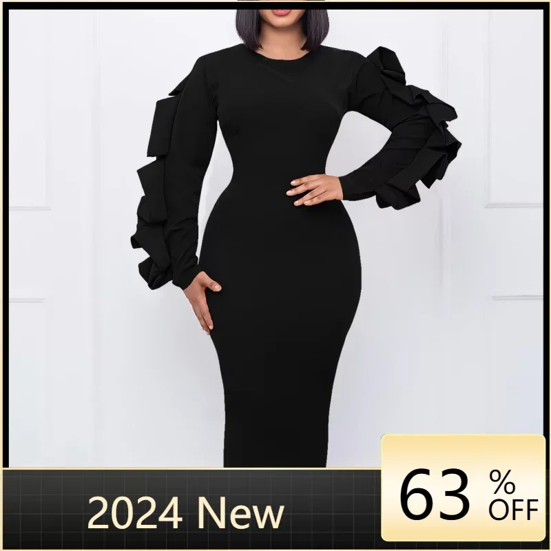 

Elegant Bodycon Dresses Women Round Neck Puff Sleeve Solid Package Hips Mid Calf Formal Business Work Wear Dress Midi Clothes OL