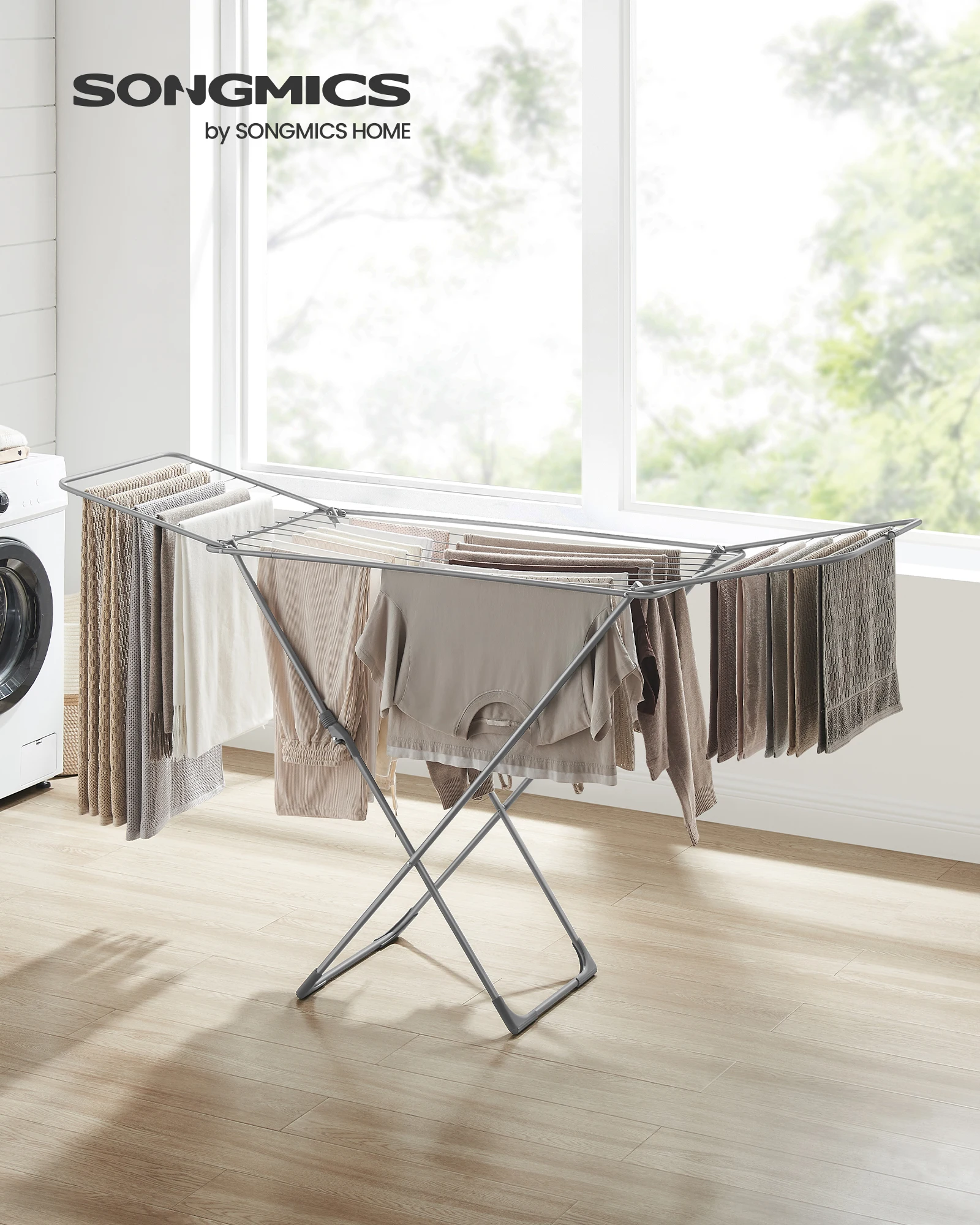 SONGMICS Clothes Drying Rack, Metal Laundry Drying Rack, Foldable, Space-Saving, Free-Standing Airer, with 2 Gullwings 2