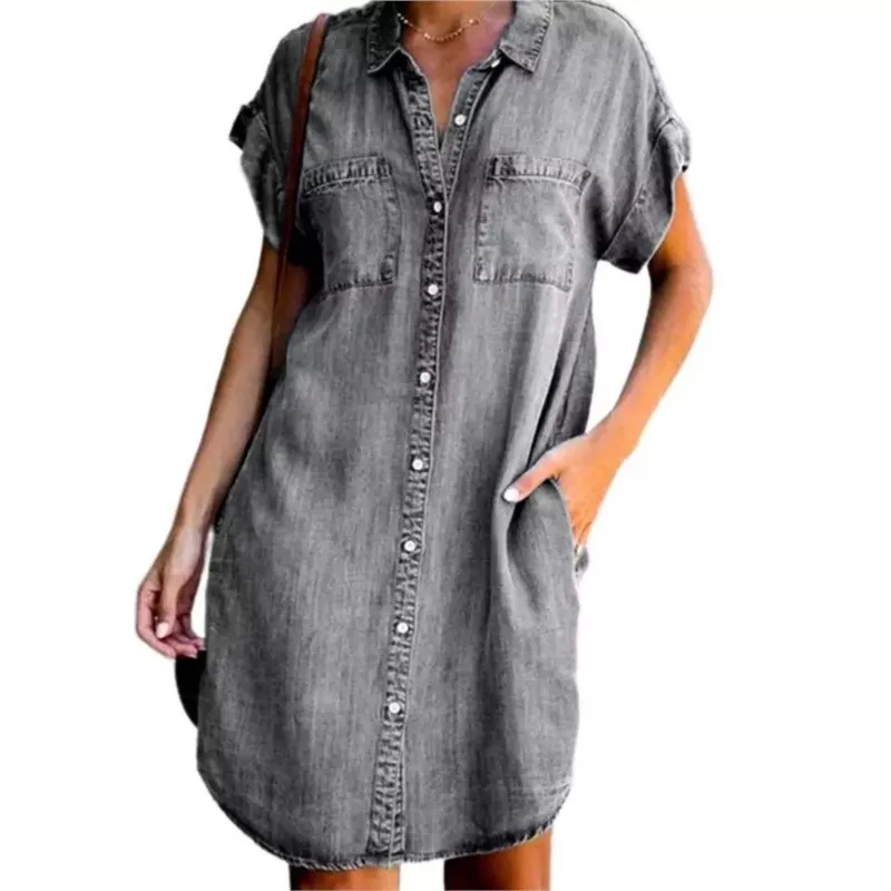 Women's Summer New Single Breasted Denim Shirt Dress Casual Loose Pocket Simple Retro Commuter Female Office Denim Short Skirt 3