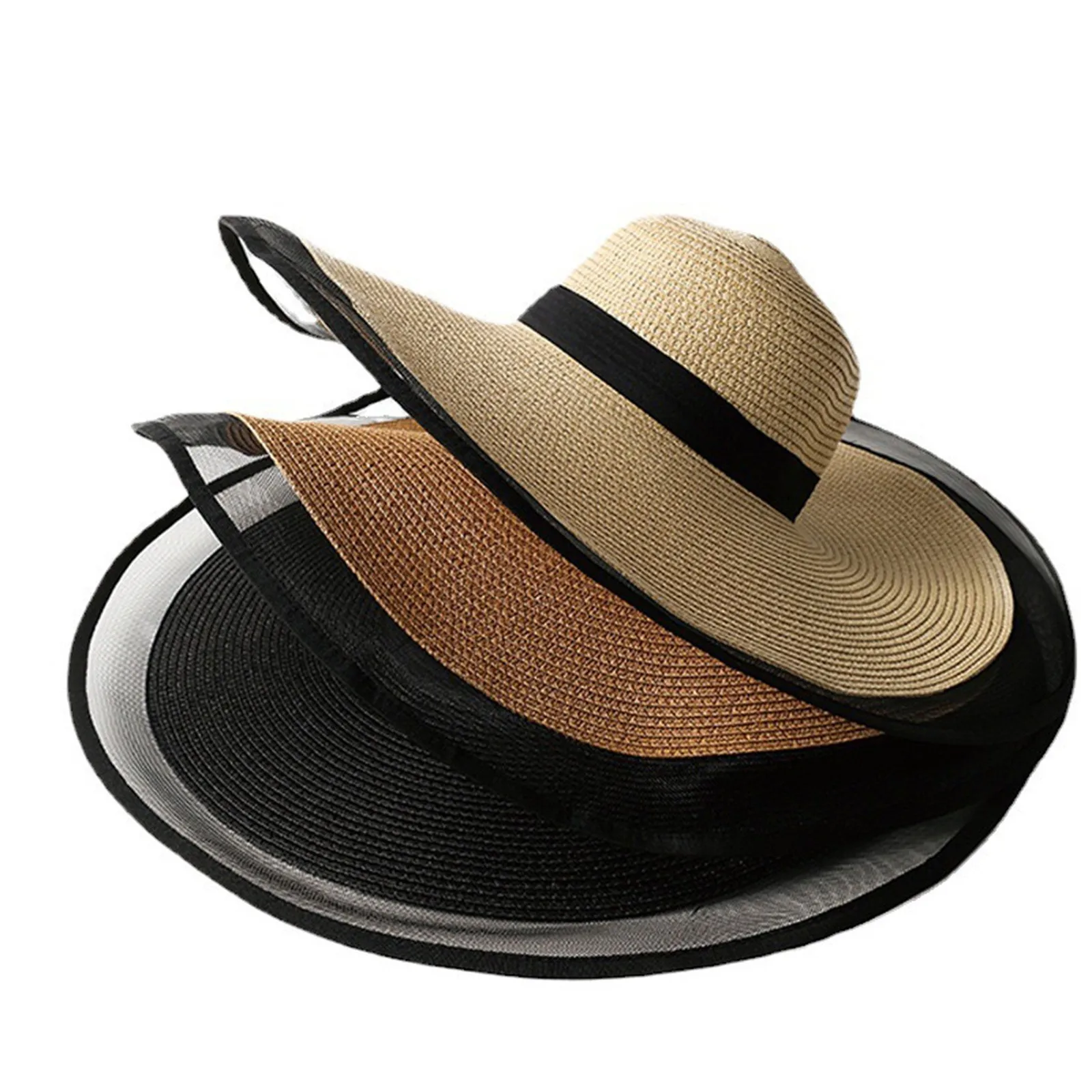 Women'S Vintage Straw Sun Hat Big Eaves Waves Beach Hawaiian Cap Ladies Light Gauze Brim Elegant Sun Protection Cap Holiday_voghion.com