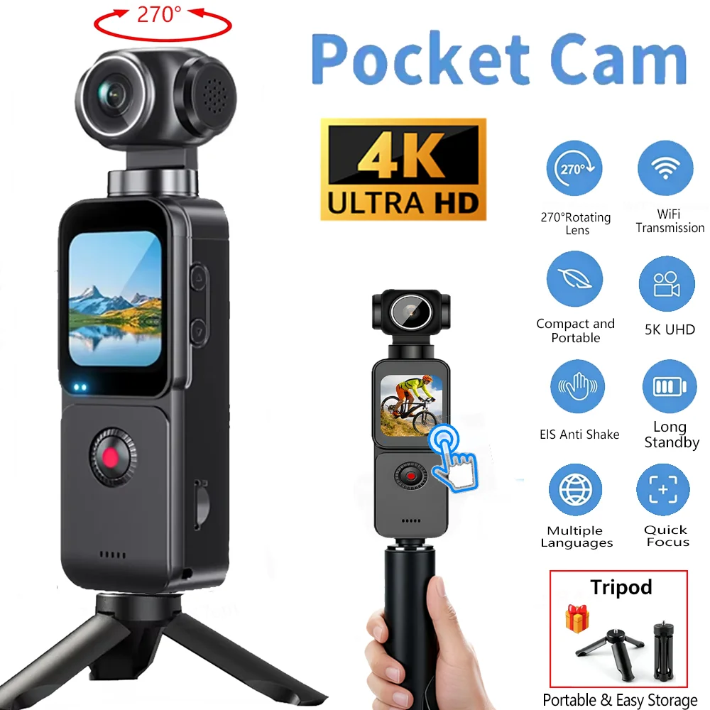 Caméra d'action sportive 4K 60fps montrant son écran tactile incliné à 270°, avec stabilisation EIS pour des vidéos fluides.