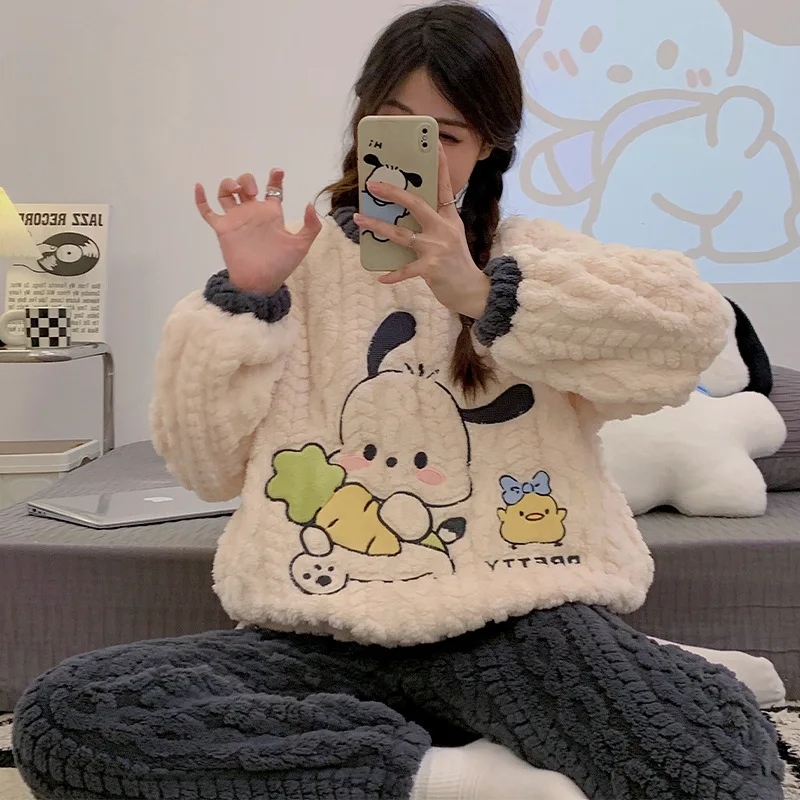 

Anime Cartoon Sanrio Kuromi Pachacco Female Coral Velvet Pajamas Y2K Autumn and Winter New Padded Thickened Warm Home Wear Suit
