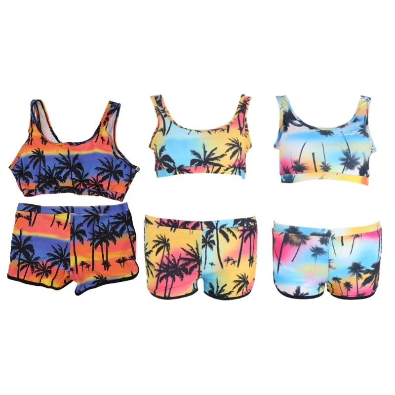 

Sexy Women Crop Tops High Waist Shorts Bikinis Set Coconut Tree Beach-Swimwear
