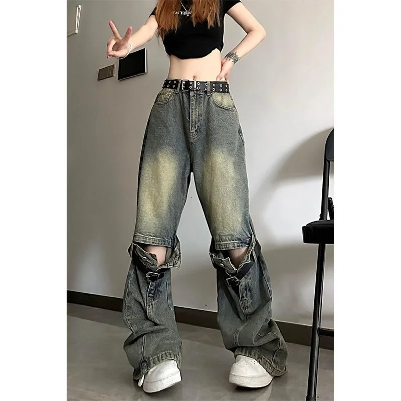 Strap Jeans Men's And Women's Spliced Micro Ragged Cargo Pants Women Jeans High Street Vintage Washed High Waisted Jeans