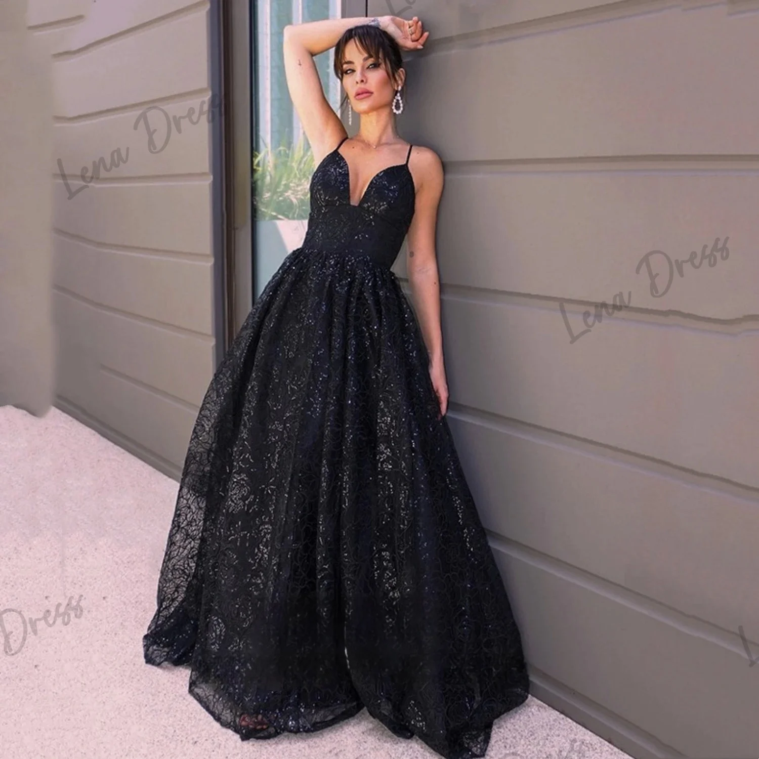 

Lena Black Evening Dress Luxury Women's Evening Dress Suitable for Ball Straps Sparkling Women's Dress Es Line A Party Dress
