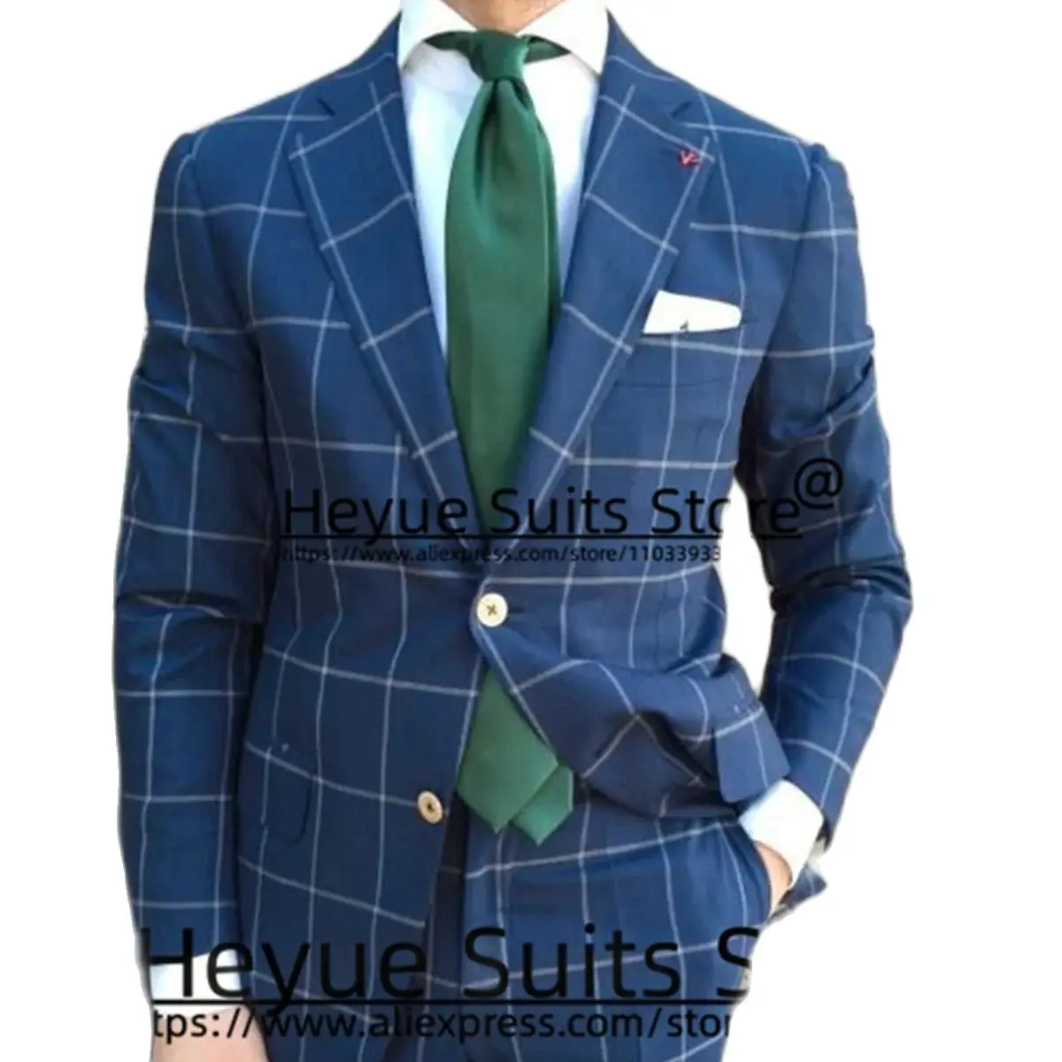 2024 New Style Blue Plaid Formal Men Suits Slim Fit Notched Groom Tuxedos Business Jacket+Pants Luxuly Male Blazer Costume Homme