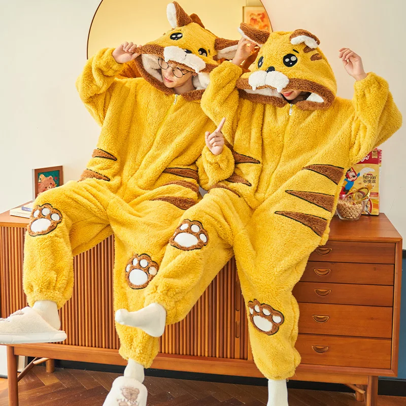 

Couple Cartoon Tiger Pajamas Kigurumi Pyjamas Onesies Homewear Cosplay Party Costumes Flannel Loungewear Sleepwear For Women Men