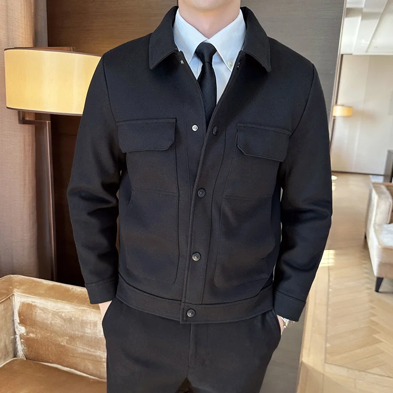 Autumn/Winter Men Slim Fit Wool Classic Solid Color Jacket High Quality Business Casual Woolen Jackets Fleece British Style Coat