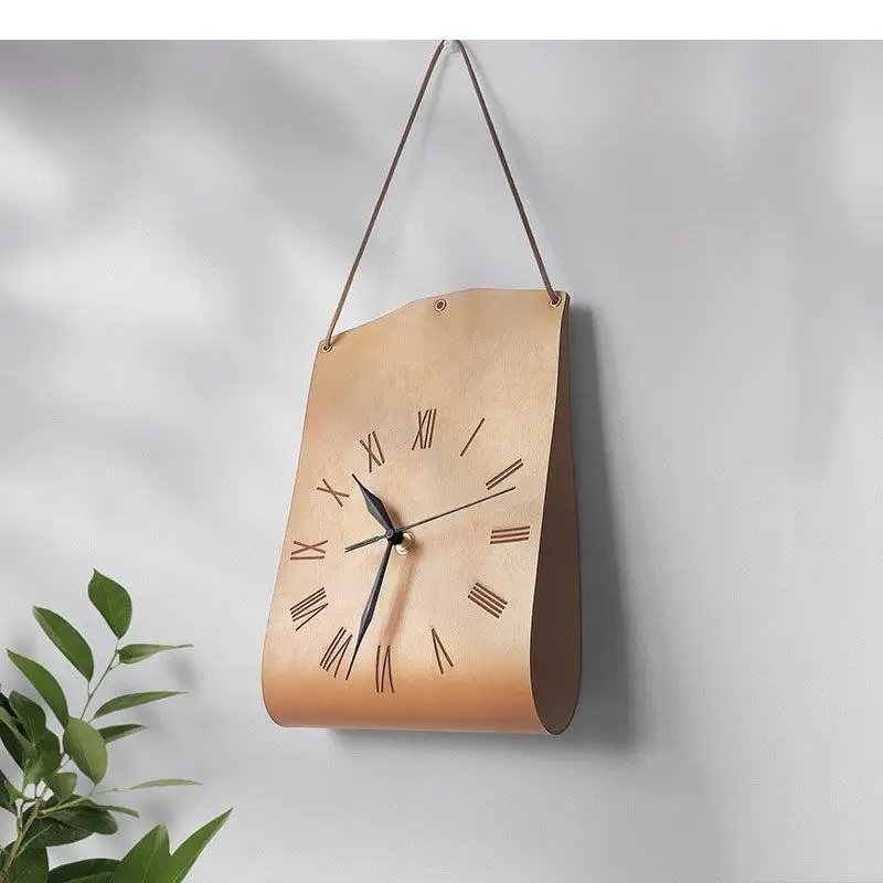 

Minimalism PU Leather Tote Bag Shape Wall Clocks Silent Sweep Needle Clock Living Room Background Decorative Wall-mounted Clock