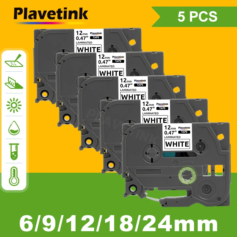 Plavetink 5PK 12mm 231 Tze231 label tape Compatible for Label Maker Laminated Tape Black on