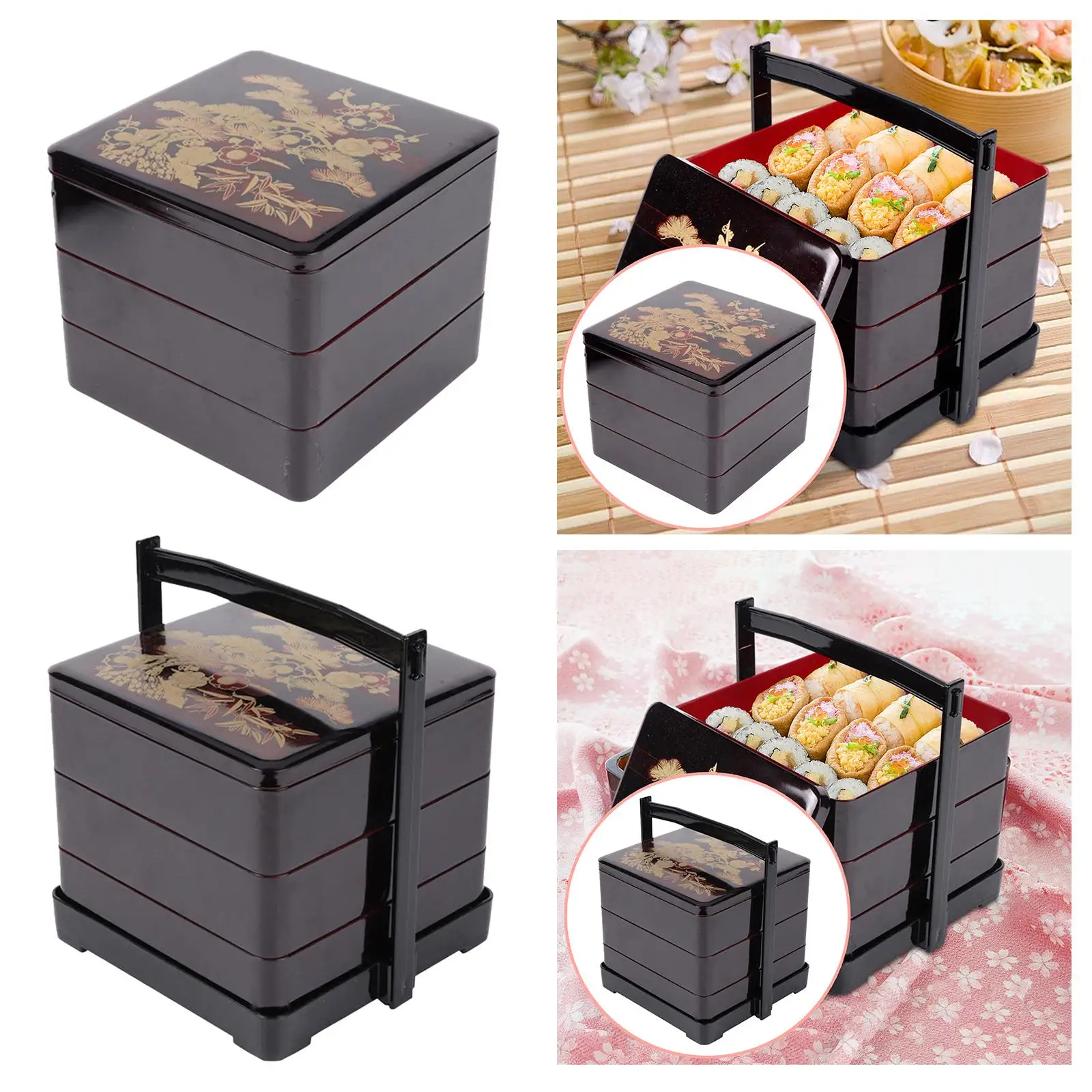 Lunch Box Red and Black Picnic Wedding Storage Office 3 Layers Sqaure Kitchen Sushi, Rice, Sauce Container Sushi Box