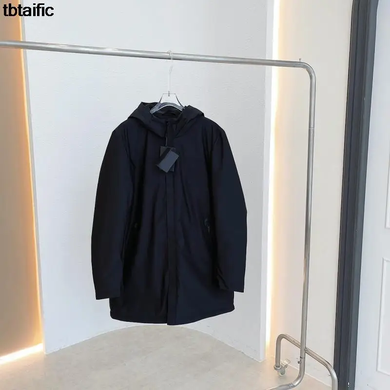 

Black hooded long down jacket 2023 autumn and winter new high quality back letter warm and comfortable retro splicing jacket