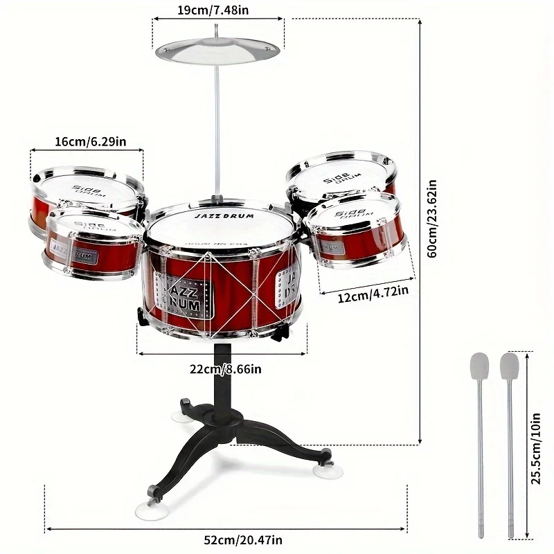 Kids Drum Set Musical Toy Drum Kit for Toddlers Jazz Drum Set with Stool, 2 Drum Sticks, Cymbal and 5 Drums Musical Instruments 2