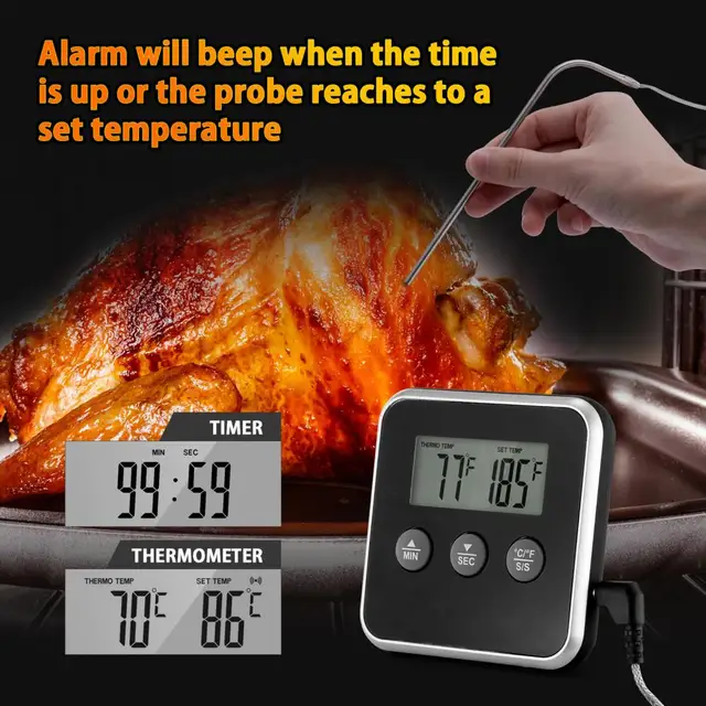 Mini Konyha Digitális Főzés Hőmérő Húgyelelmiszer -Hőmérséklet Sütő Bbq Grill Időzítő Funkció Rozsdamentes Acél Szondával