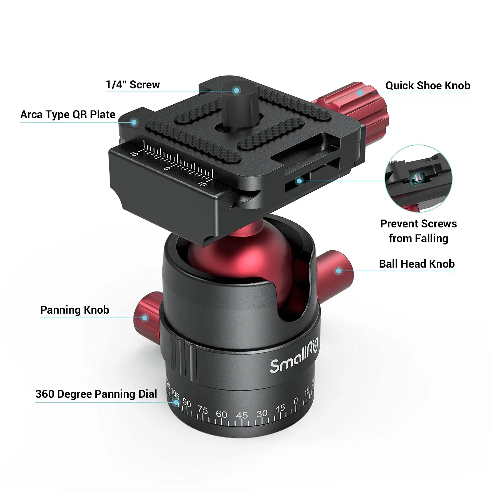 SmallRig 알루미늄 파노라마 볼 헤드, 최대 5kg 보관, 1/4-3/8 나사 어댑터, 1/4 인치 퀵 슈 플레이트 3034