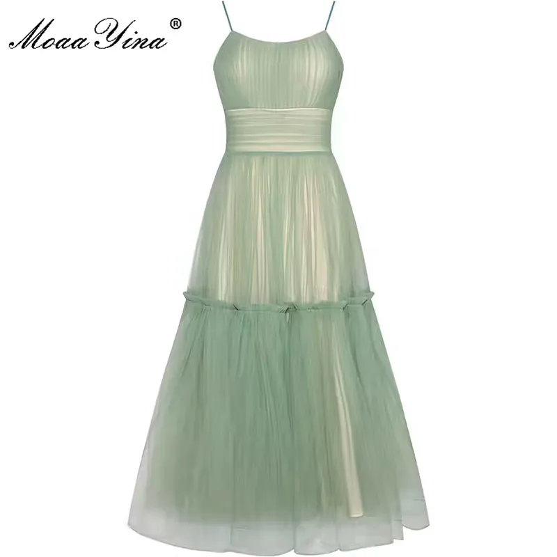 

MoaaYina Fashion Runway Summer Spaghetti Strap Dress Women's Sleeveless pleated High waist Mesh Backless Sexy Party Dress