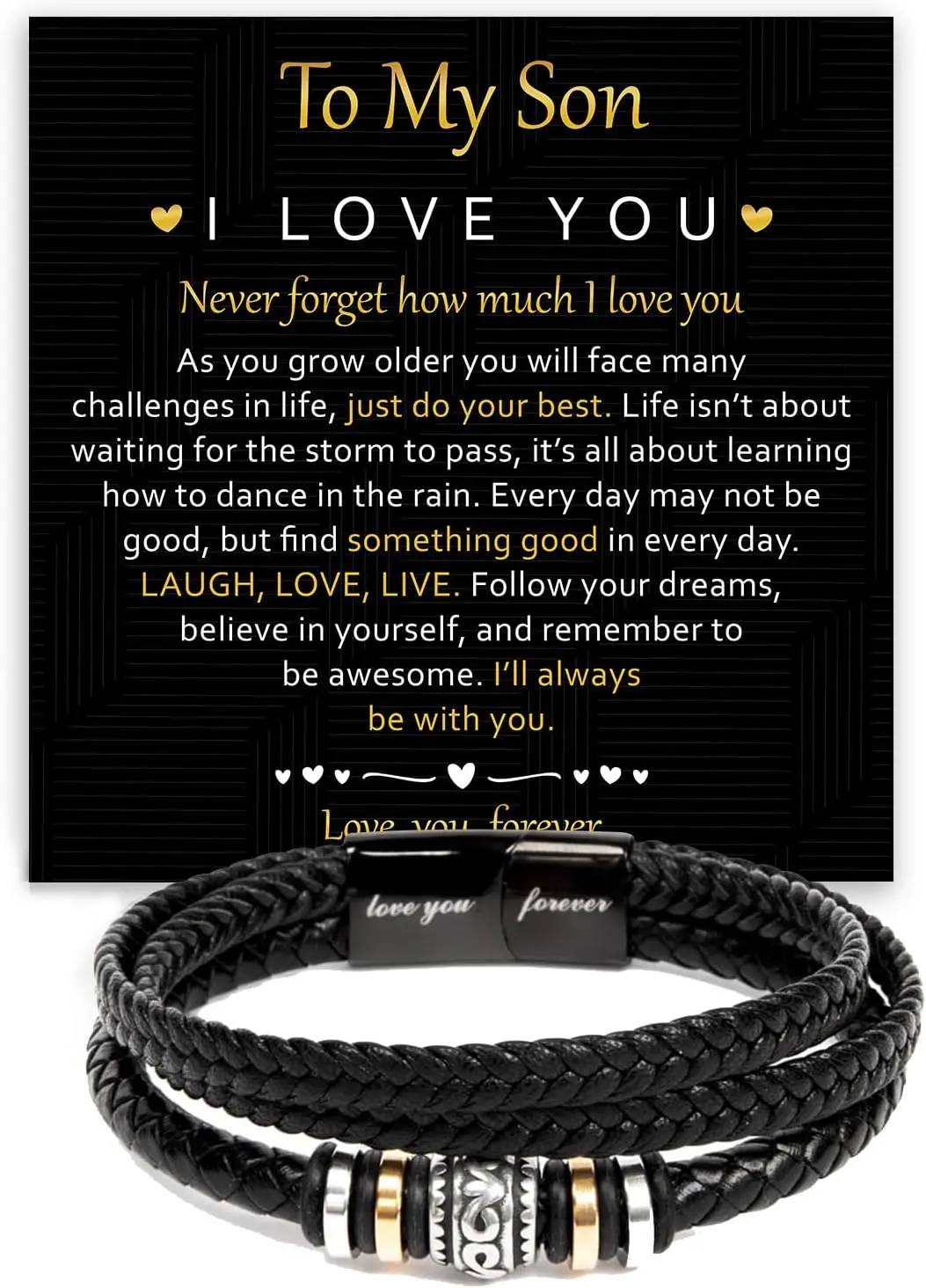 Heartfelt Message Braided Leather Bracelet for Son - Love You Forever, From Parents, Perfect for Christmas or Graduation