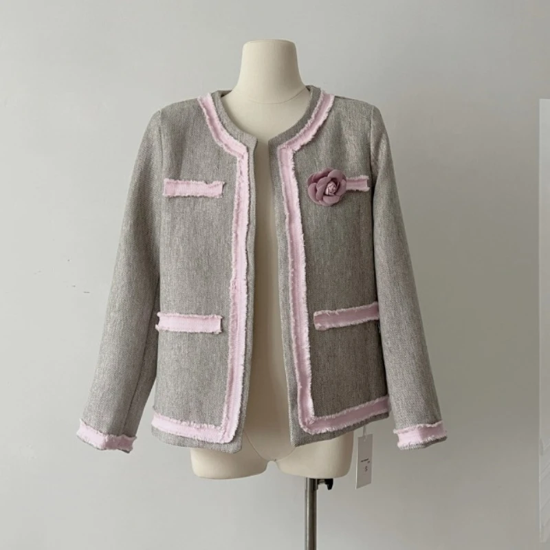 

Fashion Autumn Winter Coat Women Long Sleeve Small Fragrance Korean Style Minimalist Ladies Jackets Elegant O Neck 3D Flower