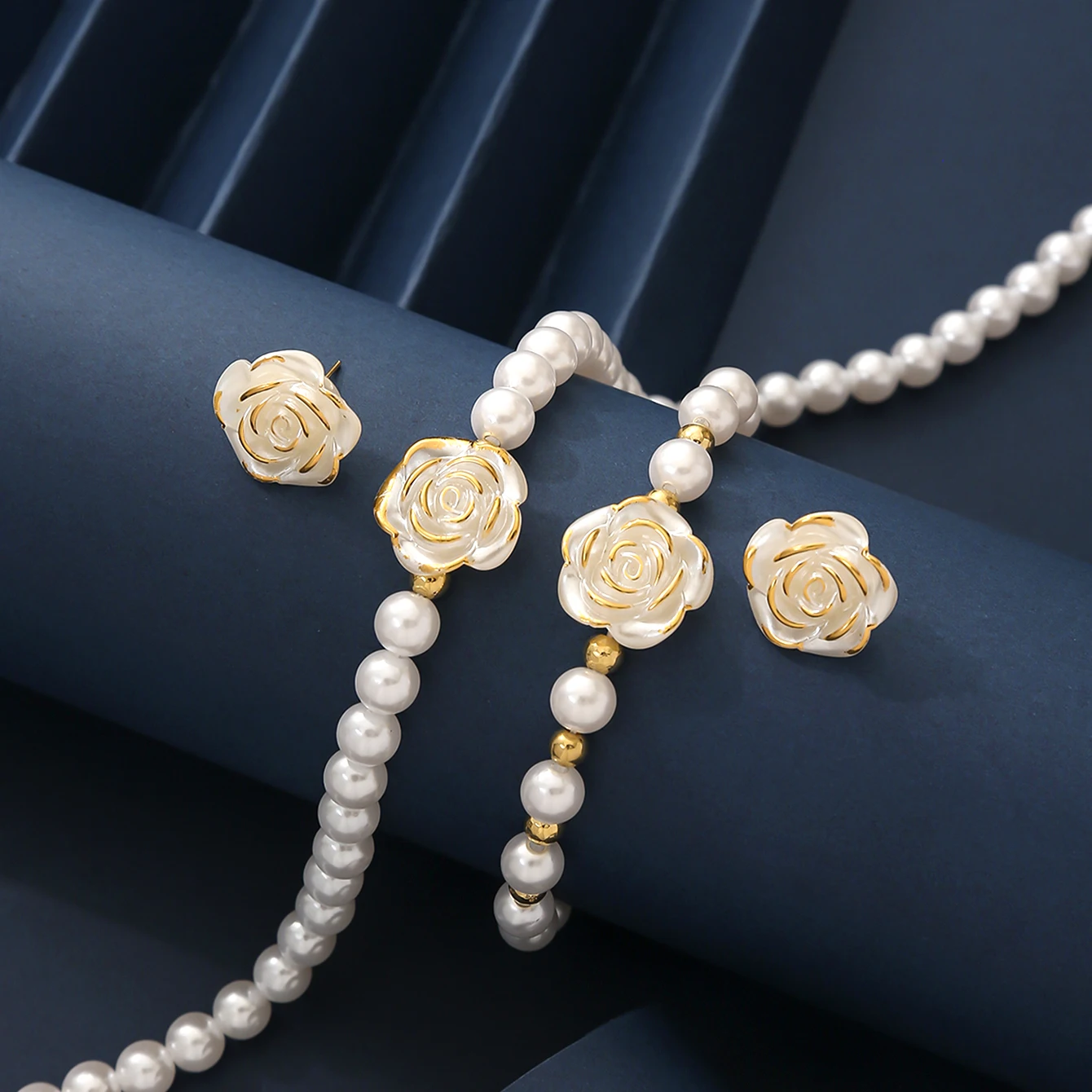Elegant Camellia Pearl-Inspired Jewelry Set: Necklace, Bracelet, and Earrings