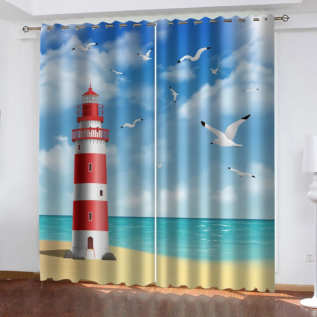 

Ready Curtains Cheap 3D Coastal Lighthouse Landscape Boy Girls Room Bedroom Window Decor Living Room Curtains Free Shipping