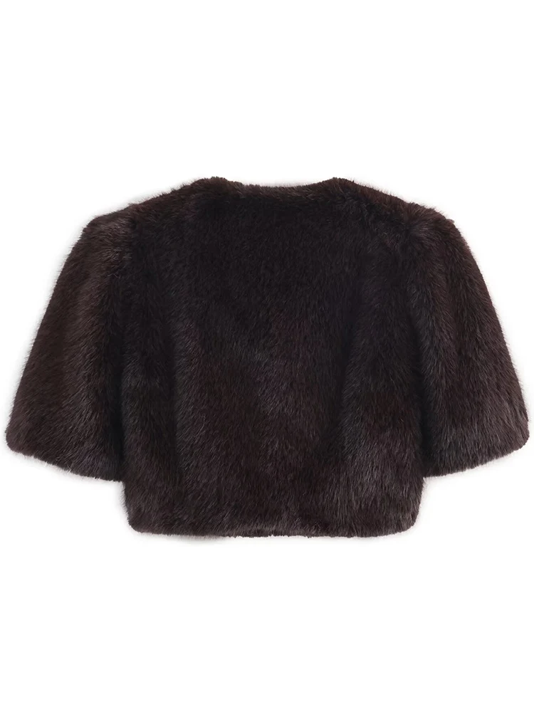 Women Brown Faux Fur Short Coat Fashion Round Nneck Short Sleeve Fluffy Warm Jacket Winter New Commute Elegant Outerwear