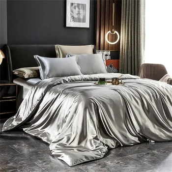 Solid Silk Bedding Set with Duvet Cover Sheet Pillowcases Luxury Satin Single Double Bedsheet King Queen Twin Size 1