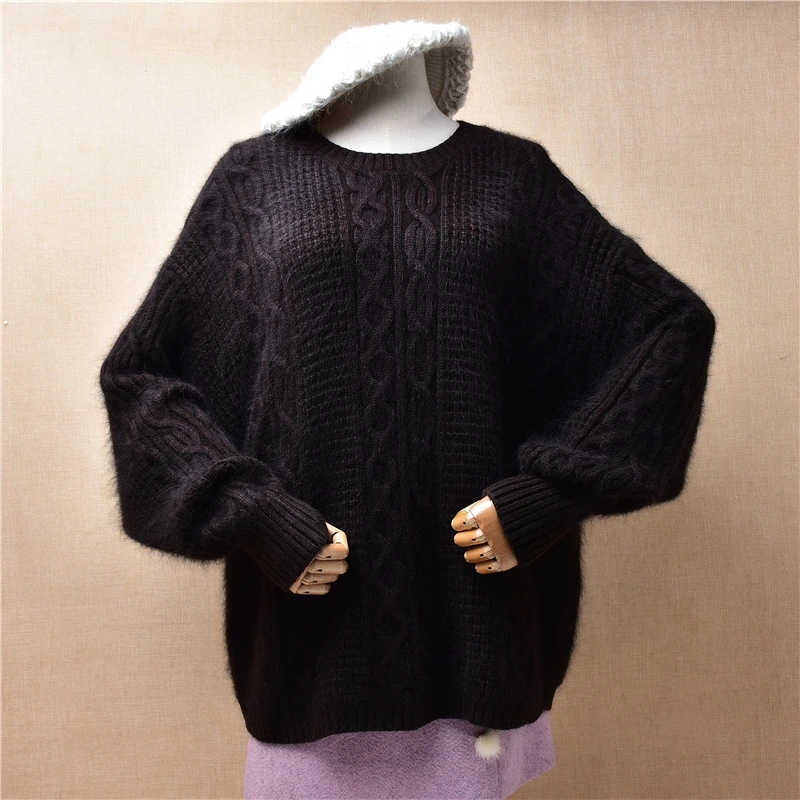 

04 Ladies Women Fall Winter Clothing Hairy Angora Rabbit Hair Hand Knitted Long Batwing Sleeves O-Neck Loose Pullover Sweater