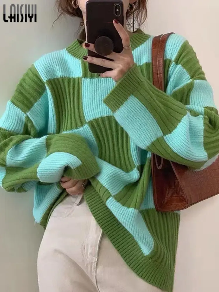 LAISIYI Thick Sweaters Women Pullovers Y2k Clothes Autumn Winter Checkerboard Loose Long Sleeve Knitted Sweater Jumpers ladies