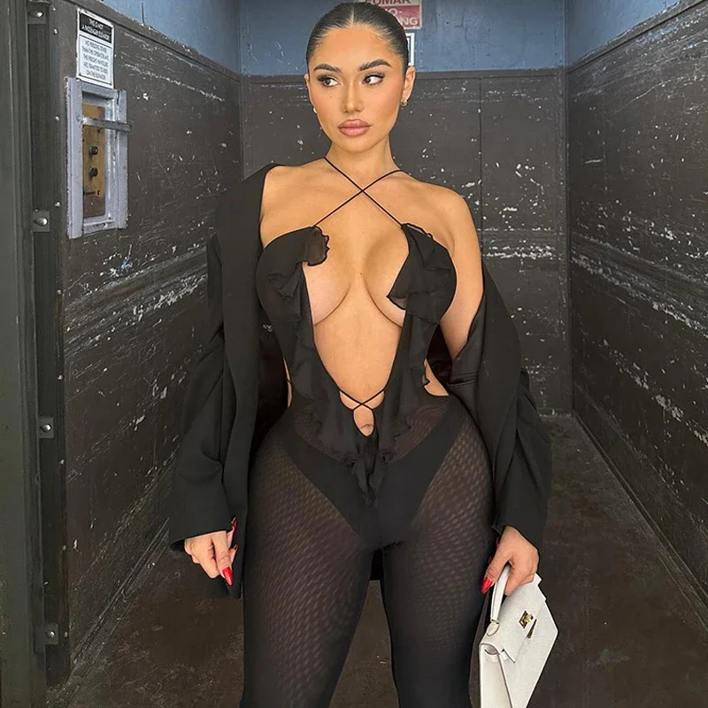

Women Mesh Perspective Bandage Jumpsuits Ruffles Low-cut Skinny Rompers Backless Hollow Out Jumpsuits Party Full Length Outfits