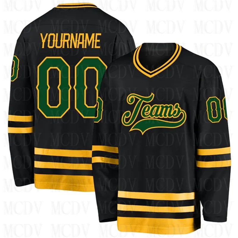 

Custom Black Green-Gold Hockey Jersey 3D Print You Name Number Youth Mens Women Ice Hockey Jersey Competition Training Jerseys
