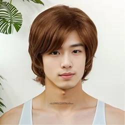 Asian Wigs for Men Synthetic Hair Red Brown Short Wig with Bangs Natural Hairstyles Cosplay Wigs Guys Party Costume Wigs Boy