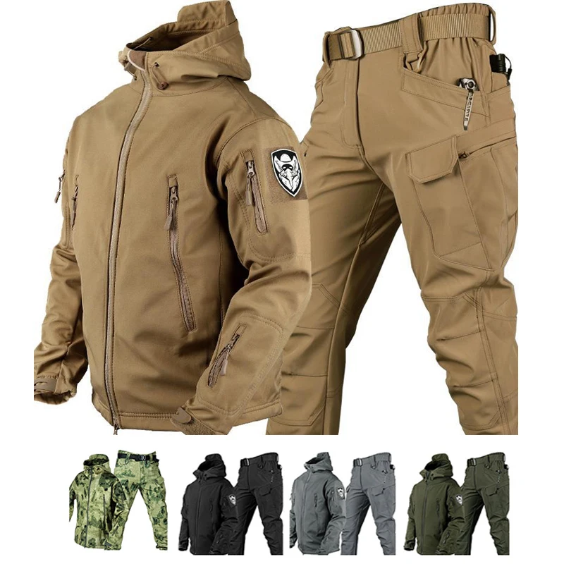 Hiking Jackets Waterproof Hiking Jackets Waterproof Jacket Waterproof Coats Softshell Jackets Tactical Combat Suit Tactical Jacket + Pants Set Men Outdoor Sport Windproof Waterproof Hooded