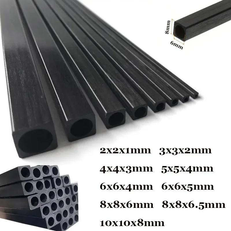 6-12 Stück Kohlefaser-Vierkantrohr Länge 500mm Außendurchmesser 2mm 3mm 4mm 5mm 6mm 8mm 10mm Pultrudiertes Kohlefaserrohr