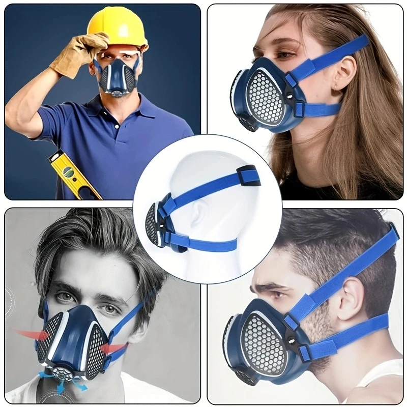 Demi-masque respiratoire en silicone porté par une personne, avec filtres blancs, assurant protection poussière et peinture.